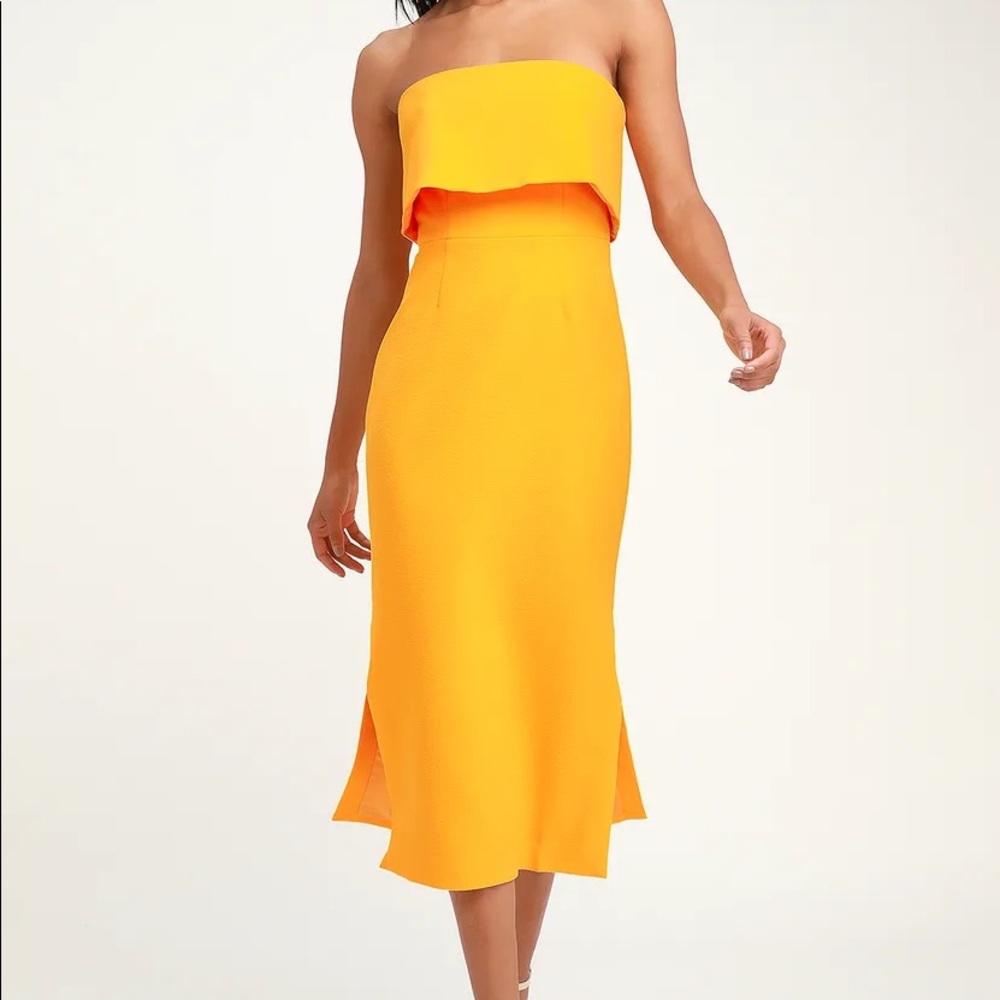 C/MEO Entice Golden Yellow Strapless Midi Dress